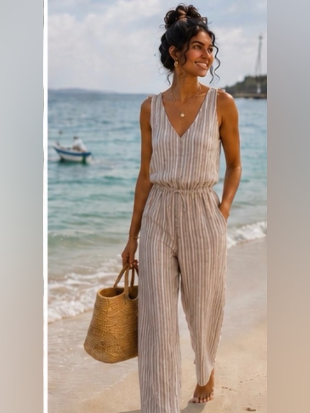 Anthropologie Drew 100% Cotton Beige and White Striped Sleeveless VNeck Jumpsuit